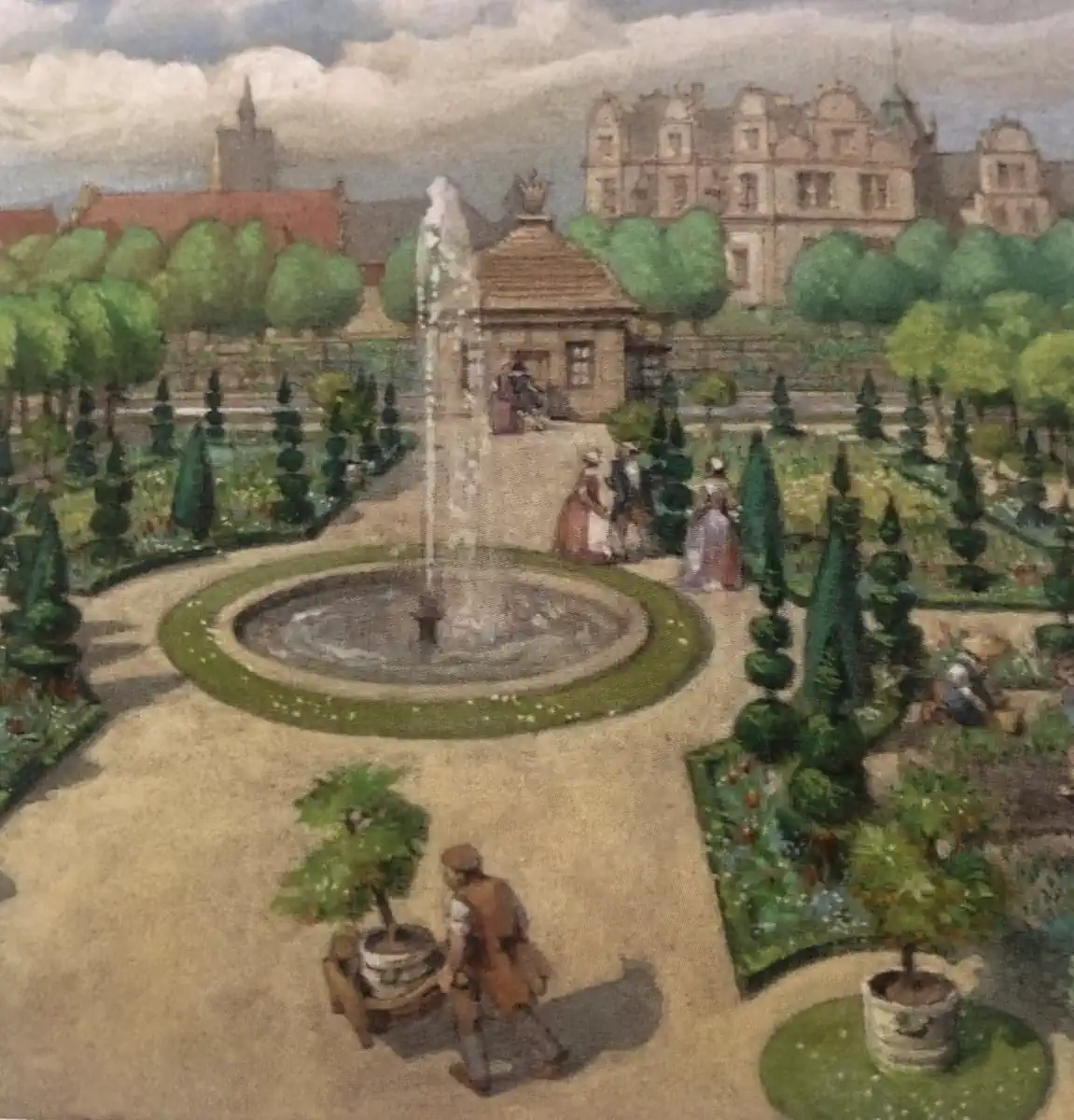 Eine Illustration des Künstlers und Buchautors Theodor Vollmer zum Schlossgarten Stadthagen in früheren Zeiten.